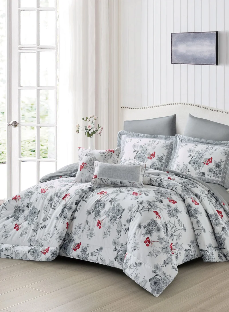Donetella Cotton 8-Piece King Comforter Bedding Set, Fits 200x200 cm, All Season Reversible Floral Printed With 350 GSM Down Alternative Filling, Iron